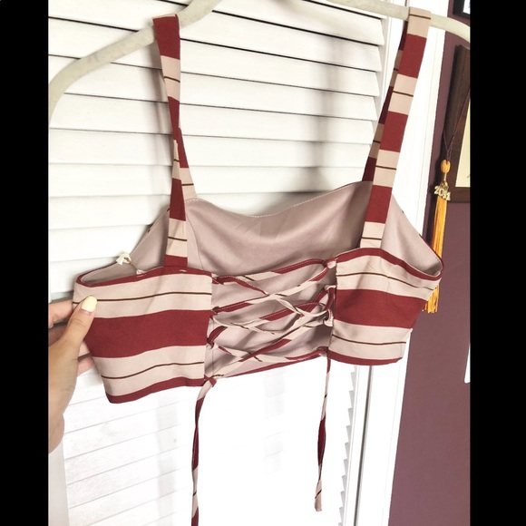 NEW BURNT ORANGE & BEIGE STRIPED CROP TOP W/ PANTS - Picture 2 of 3